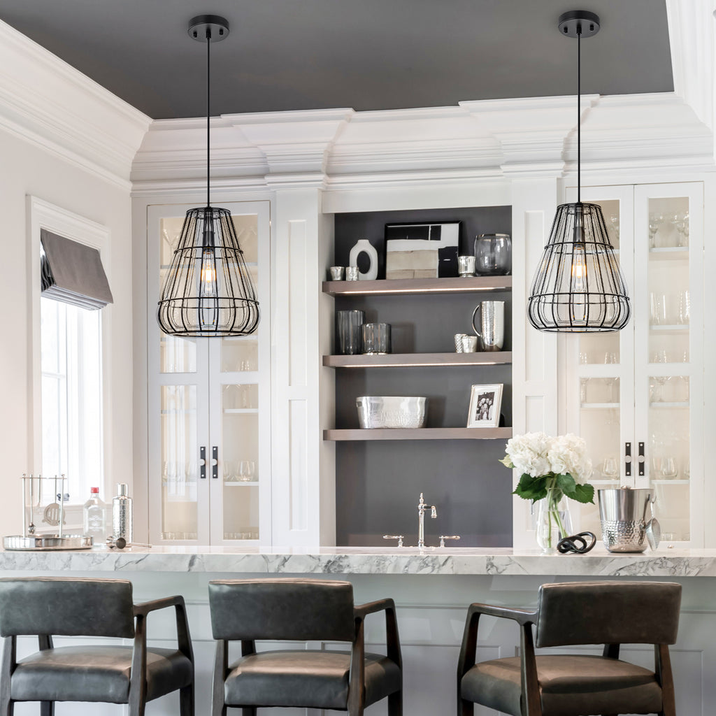 Modern Black Pendant Light with Gourd Glass & Wire Cage Kitchen Island