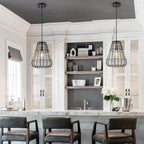 Modern Black Pendant Light with Gourd Glass & Wire Cage Kitchen Island