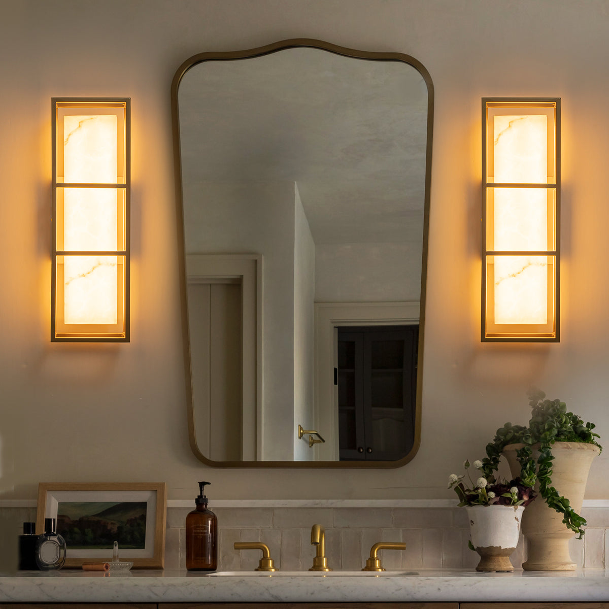 Brushed Gold LED Wall Sconce with White Alabaster Resin Shade - product image 1 | Zenvolit
