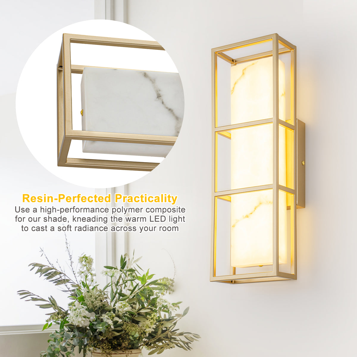 Brushed Gold LED Wall Sconce with White Alabaster Resin Shade - product image 9 | Zenvolit