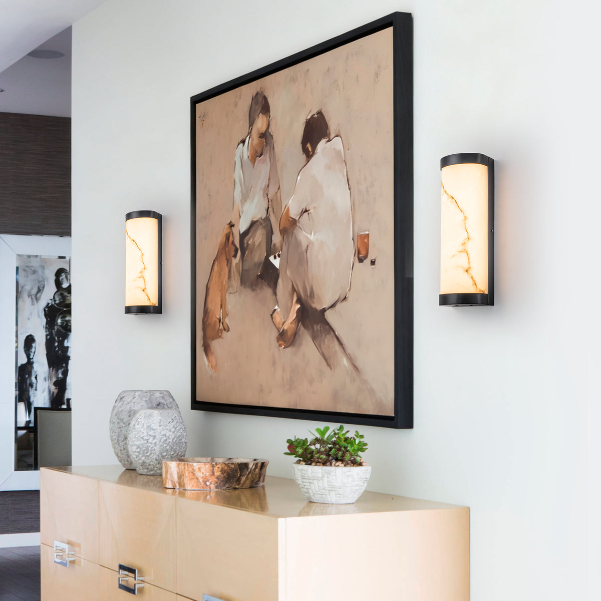 Black LED Wall Sconce Semi-Cylinder White Faux Alabaster Resin Shade - product image 2 | Zenvolit
