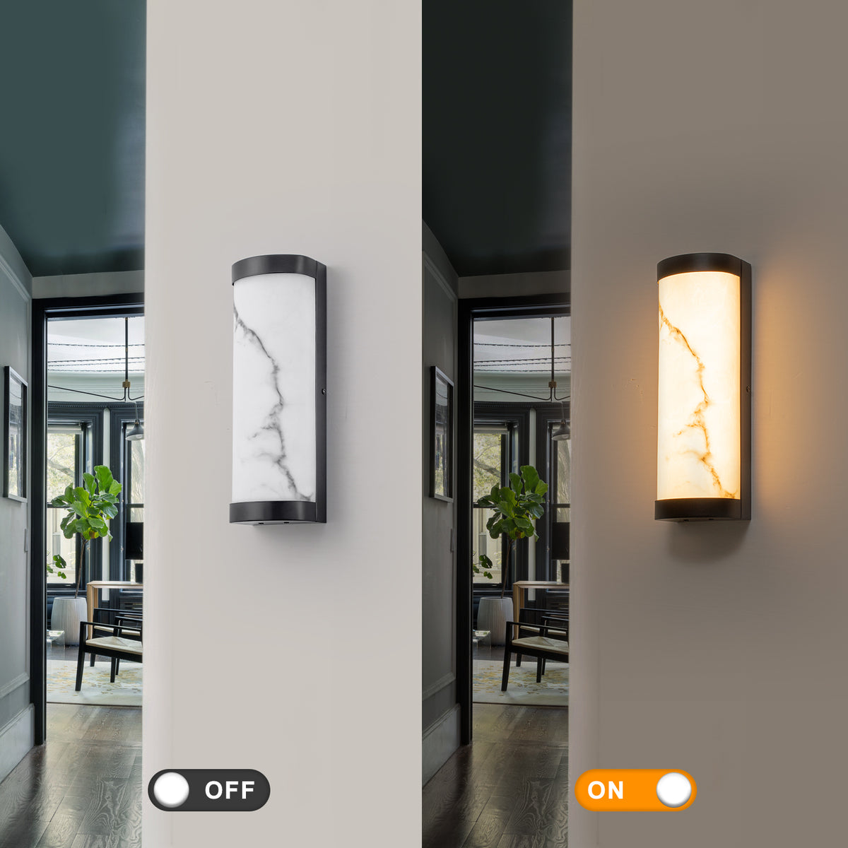 Black LED Wall Sconce Semi-Cylinder White Faux Alabaster Resin Shade - product image 7 | Zenvolit