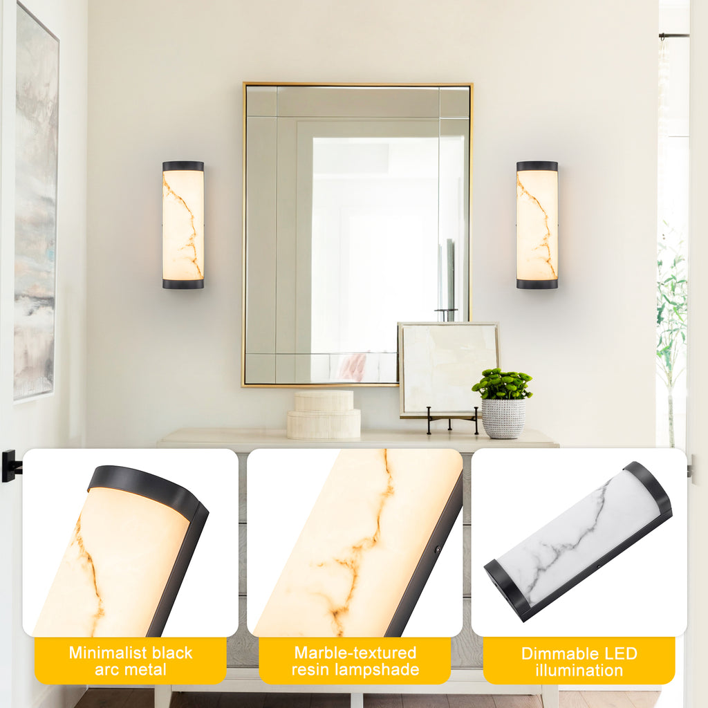 Black LED Wall Sconce Semi-Cylinder White Faux Alabaster Resin Shade - product image 8 | Zenvolit