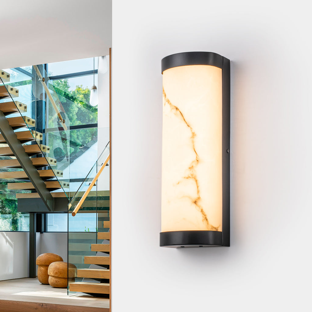 Black LED Wall Sconce Semi-Cylinder White Faux Alabaster Resin Shade - product image 11 | Zenvolit