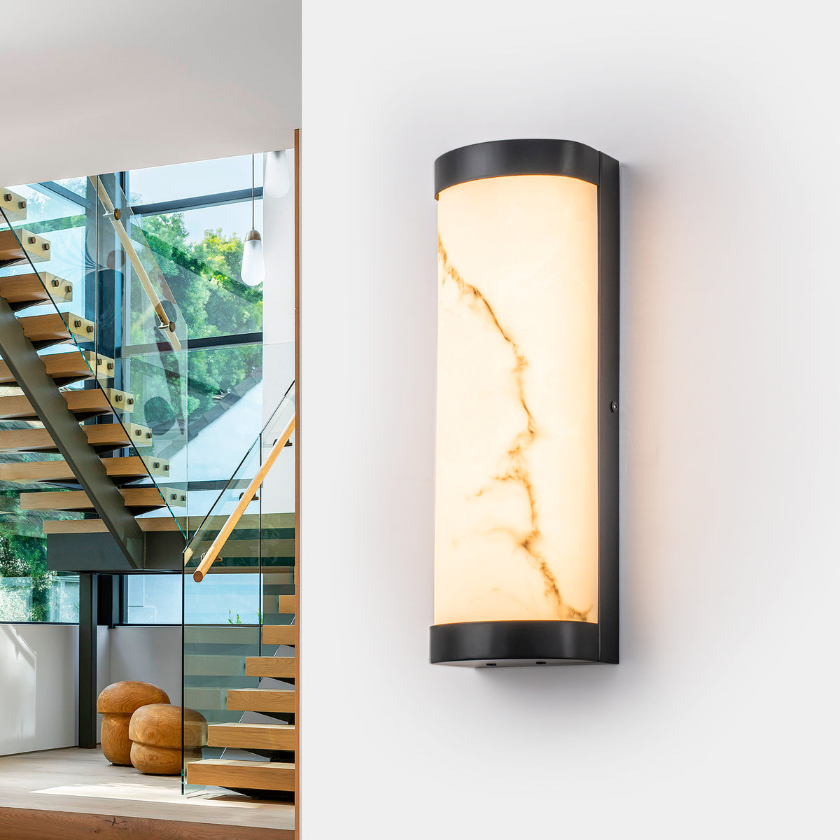 Black LED Wall Sconce Semi-Cylinder White Faux Alabaster Resin Shade - product image 11 | Zenvolit