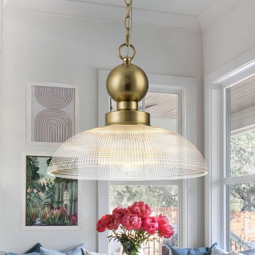 1-Light Gold Pendant Light Shallow Half-Dome Textured Grid Glass Shade - product image 1 | Zenvolit