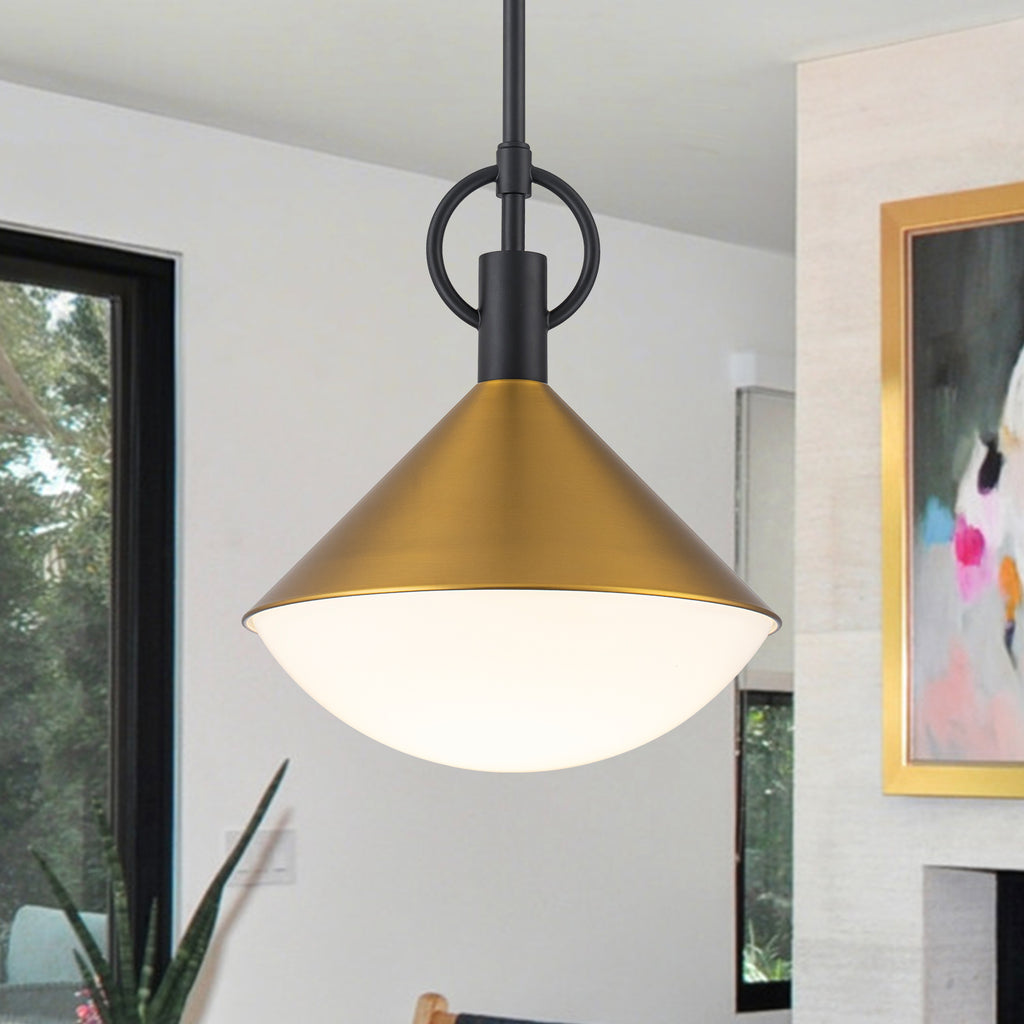 Single Light Gold Cone Metal Pendant with Frosted White Glass Shade - product image 1 | Zenvolit