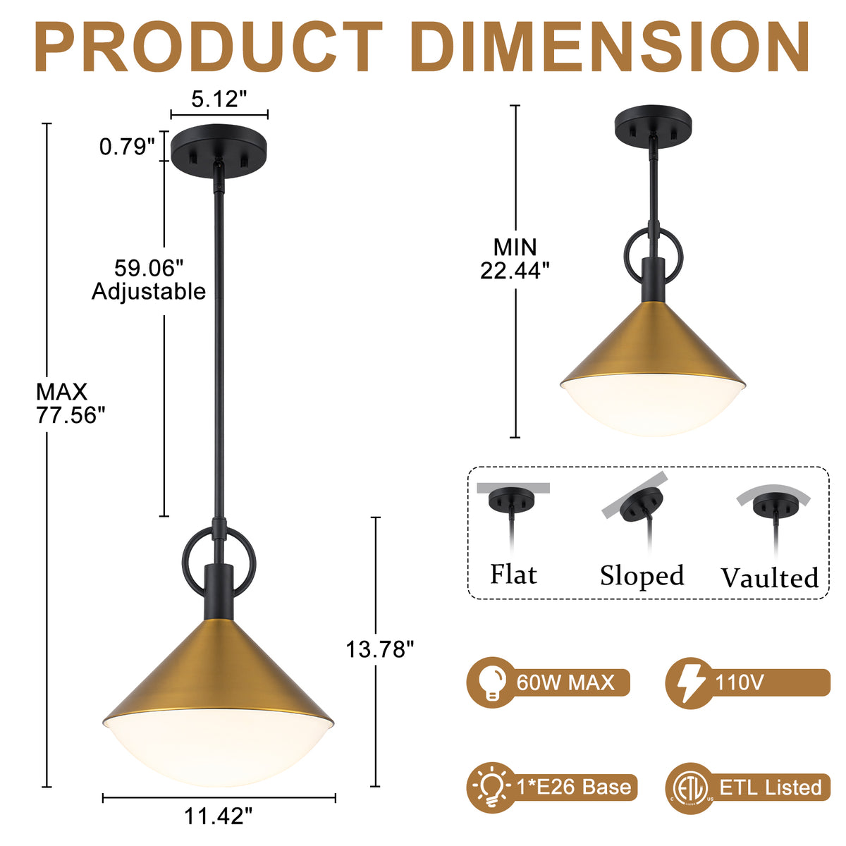 Single Light Gold Cone Metal Pendant with Frosted White Glass Shade - product image 7 | Zenvolit