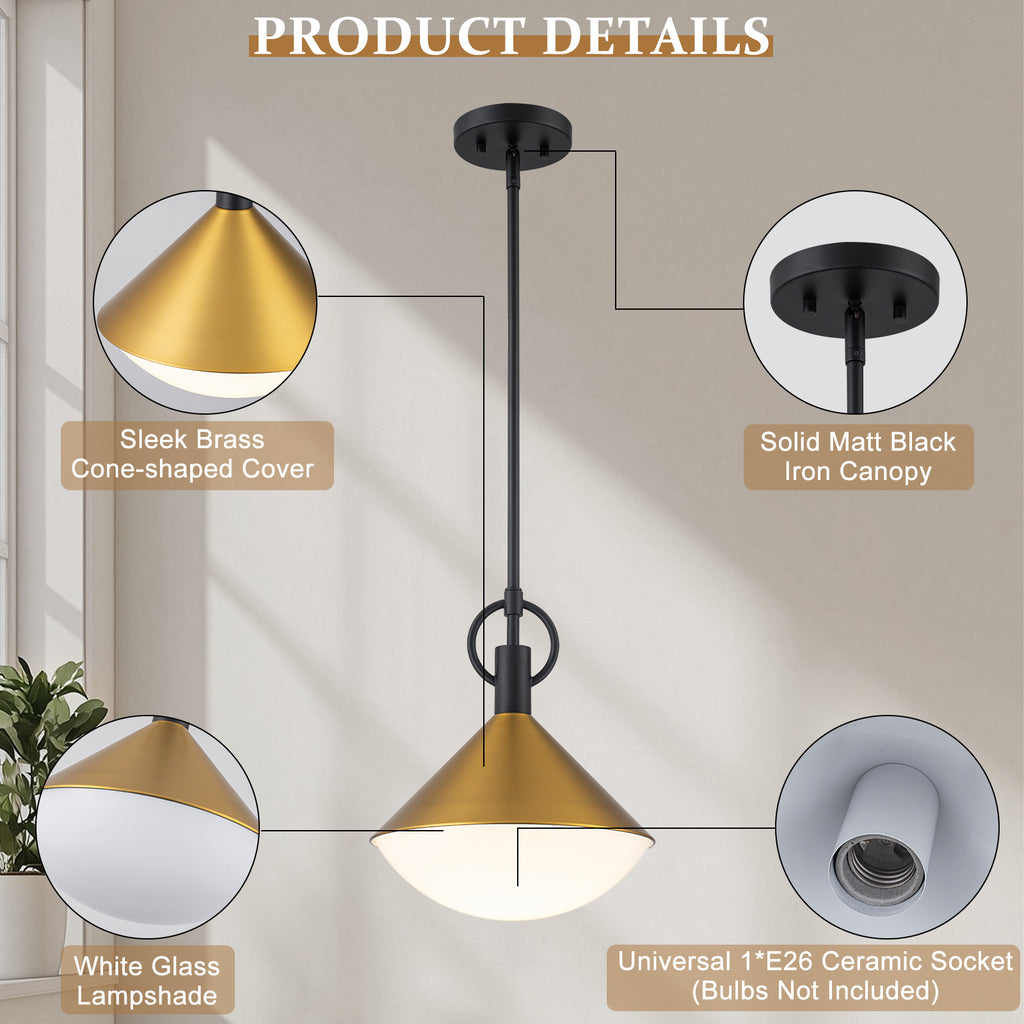 Single Light Gold Cone Metal Pendant with Frosted White Glass Shade - product image 13 | Zenvolit