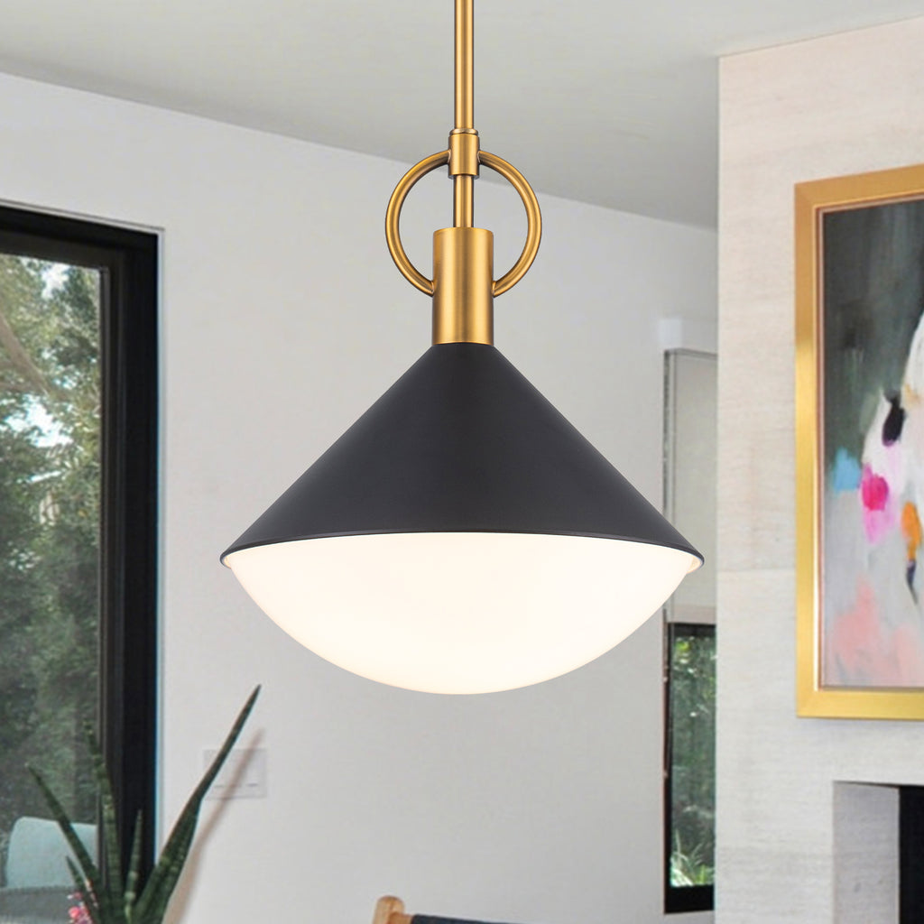 Single Light Black Cone Metal Pendant with Frosted White Glass Shade - product image 1 | Zenvolit