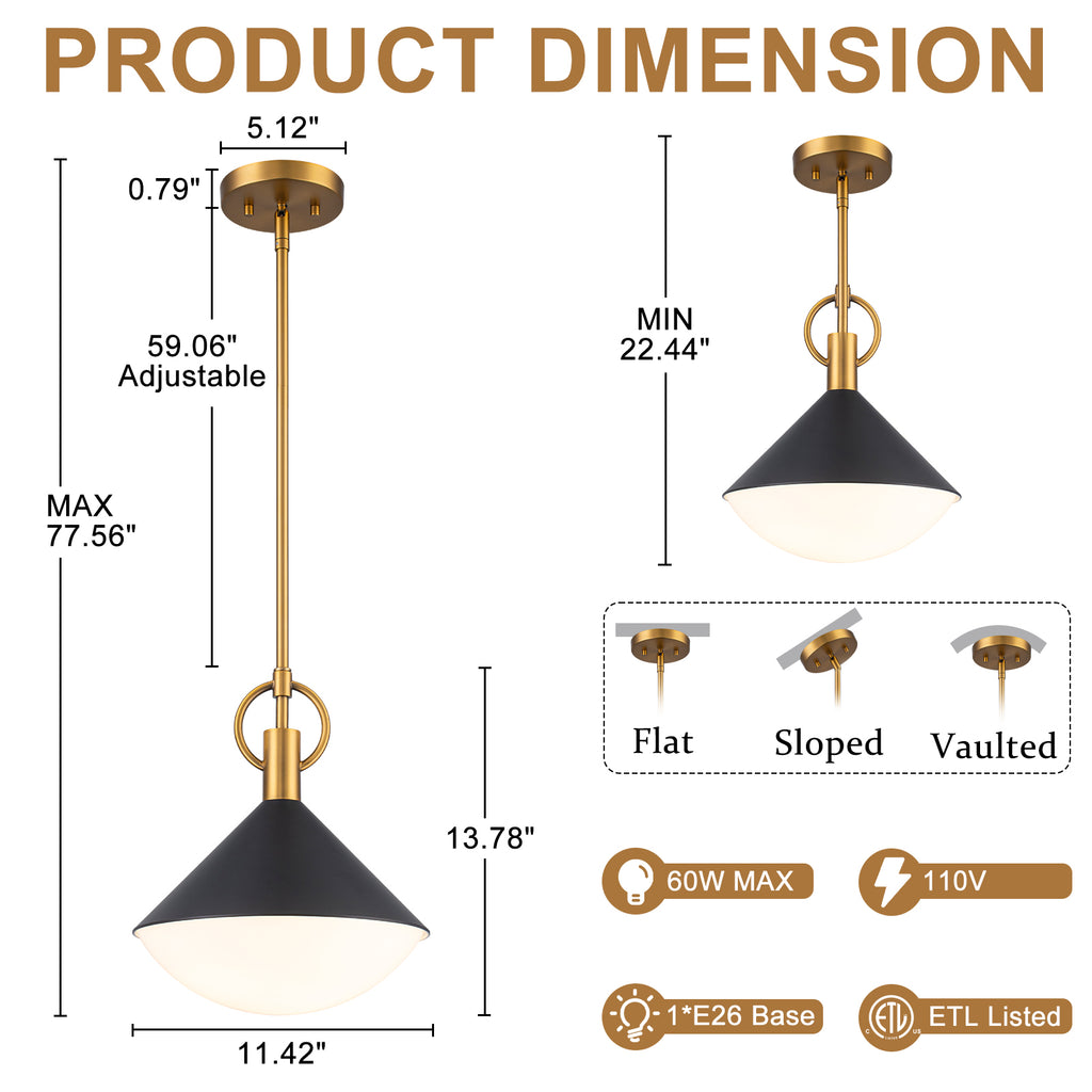 Single Light Black Cone Metal Pendant with Frosted White Glass Shade - product image 7 | Zenvolit