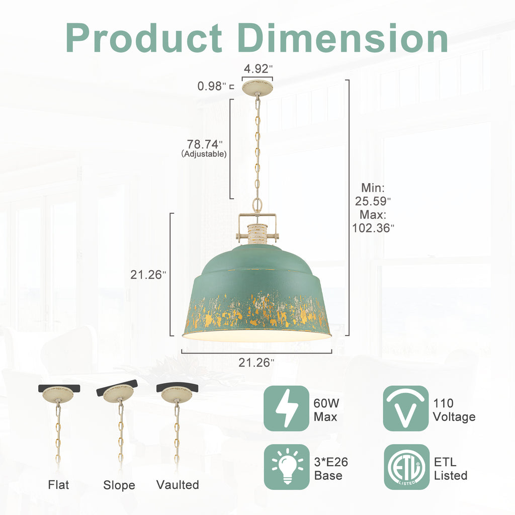 3-Light Industrial Pendant Light with Blue Distressed Metal Dome Shade - product image 11 | Zenvolit