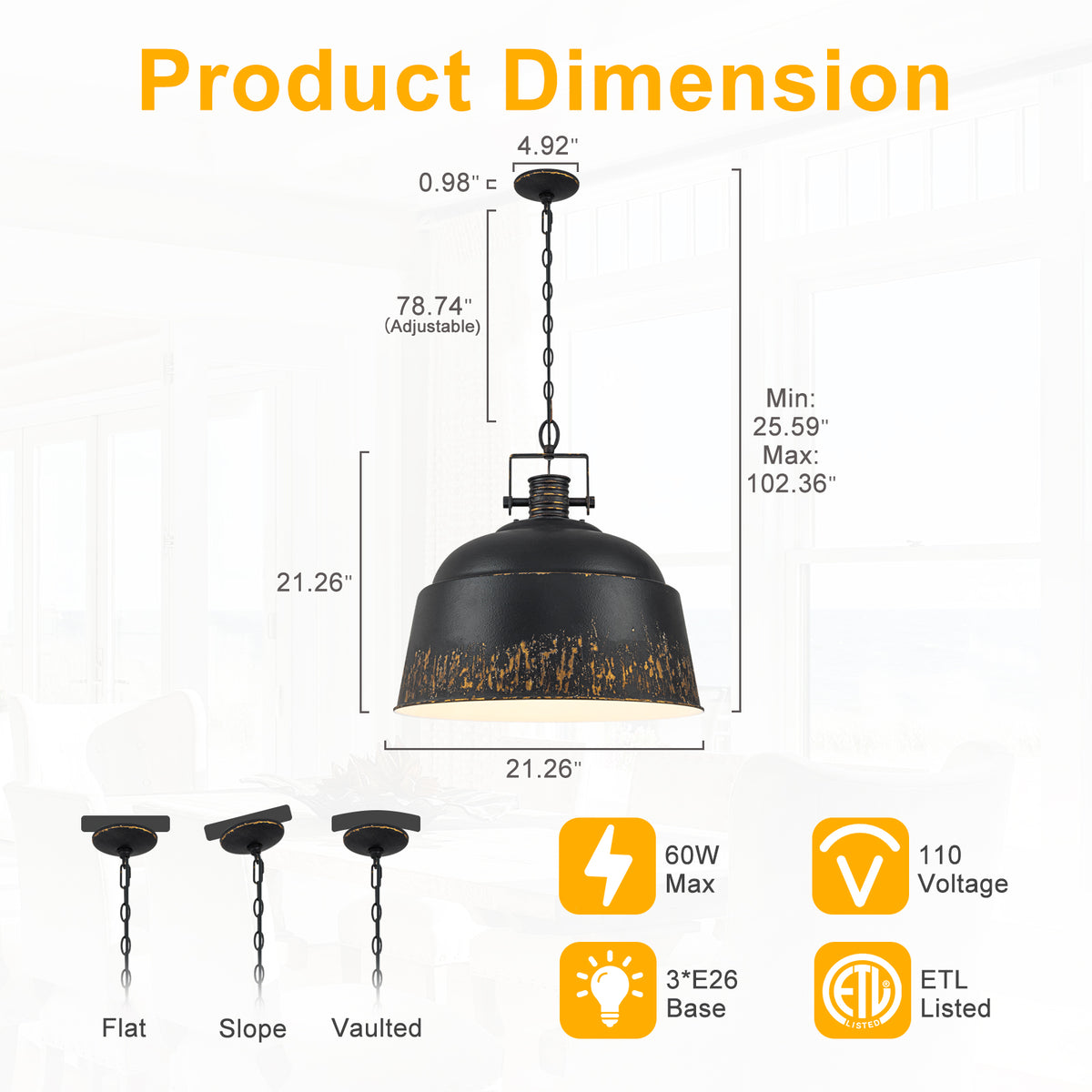 3-Light Farmhouse Pendant Light with Black Distressed Gold Metal Dome Shade - product image 13 | Zenvolit