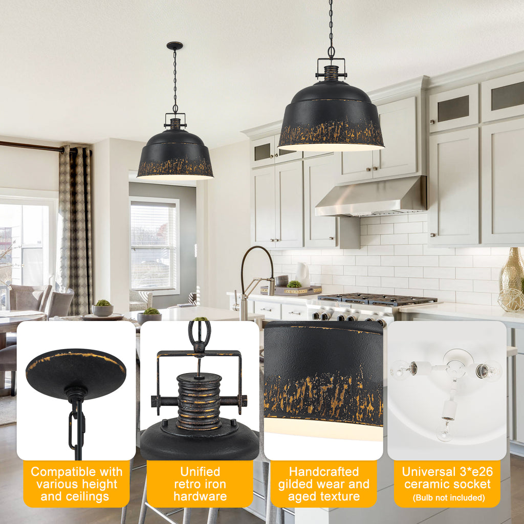 3-Light Farmhouse Pendant Light with Black Distressed Gold Metal Dome Shade - product image 15 | Zenvolit