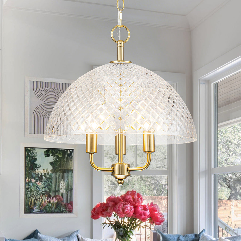 Brushed Gold 3-Light Pendant Light with Half-Dome Grid Shade Dining - product image 1 | Zenvolit