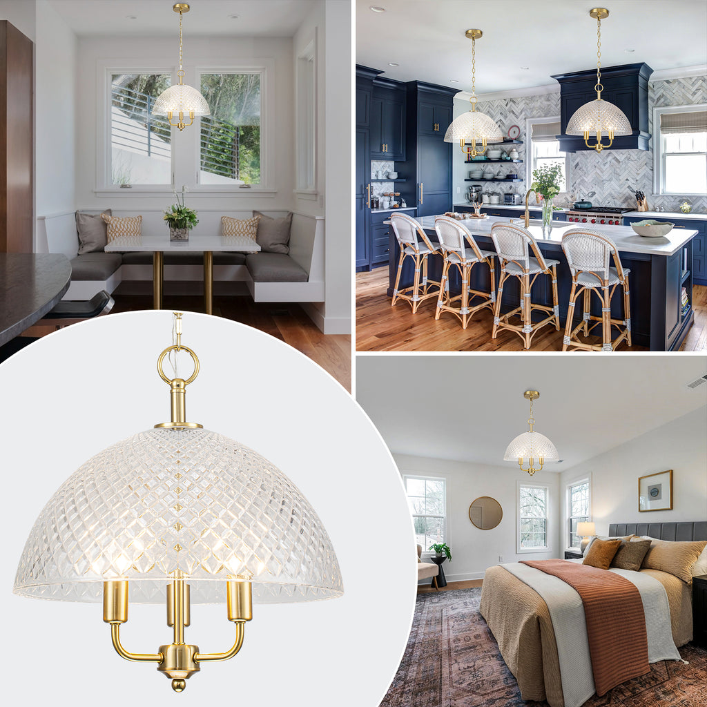 Brushed Gold 3-Light Pendant Light with Half-Dome Grid Shade Dining - product image 6 | Zenvolit