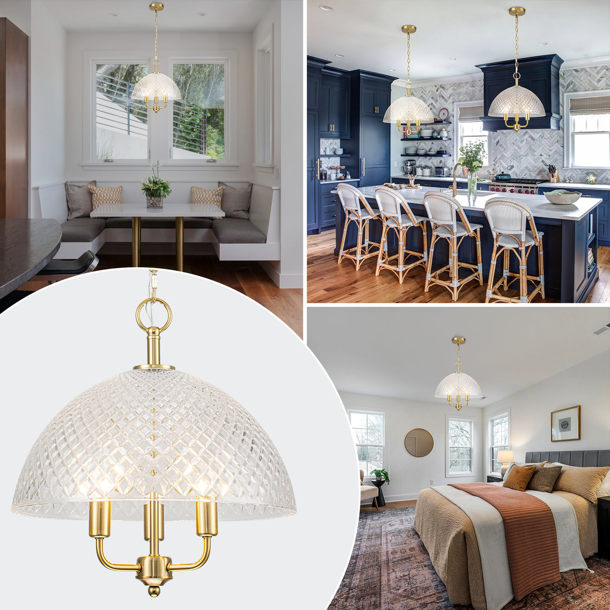 Brushed Gold 3-Light Pendant Light with Half-Dome Grid Shade Dining - product image 6 | Zenvolit