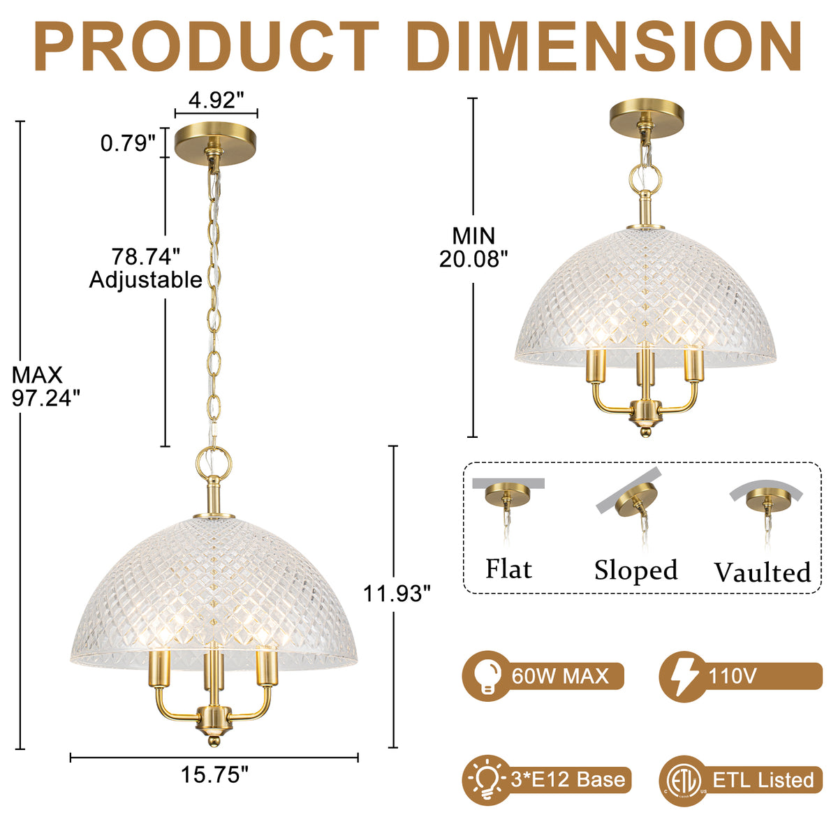 Brushed Gold 3-Light Pendant Light with Half-Dome Grid Shade Dining - product image 7 | Zenvolit