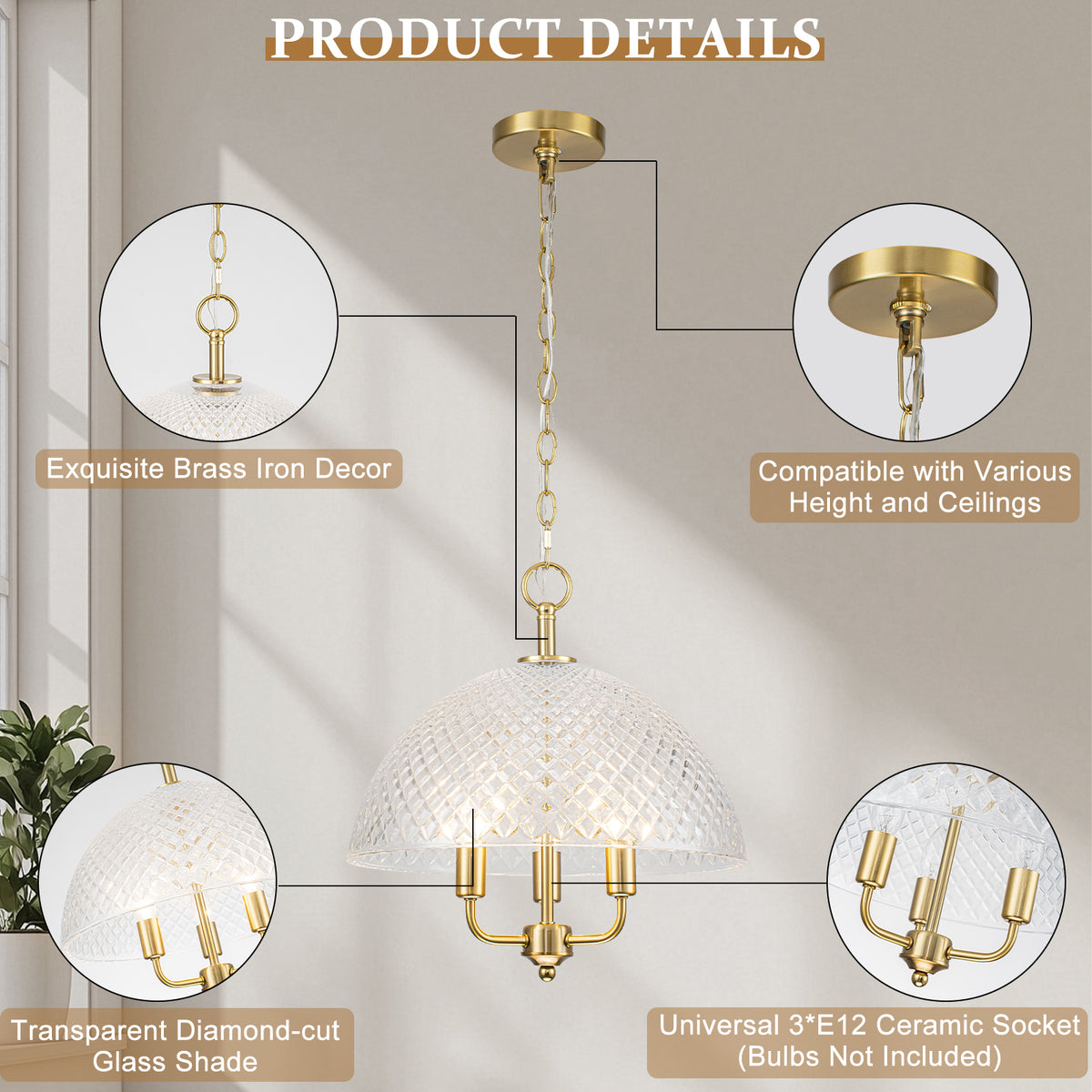 Brushed Gold 3-Light Pendant Light with Half-Dome Grid Shade Dining - product image 12 | Zenvolit