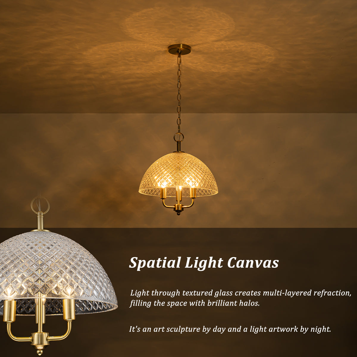 Brushed Gold 3-Light Pendant Light with Half-Dome Grid Shade Dining - product image 13 | Zenvolit
