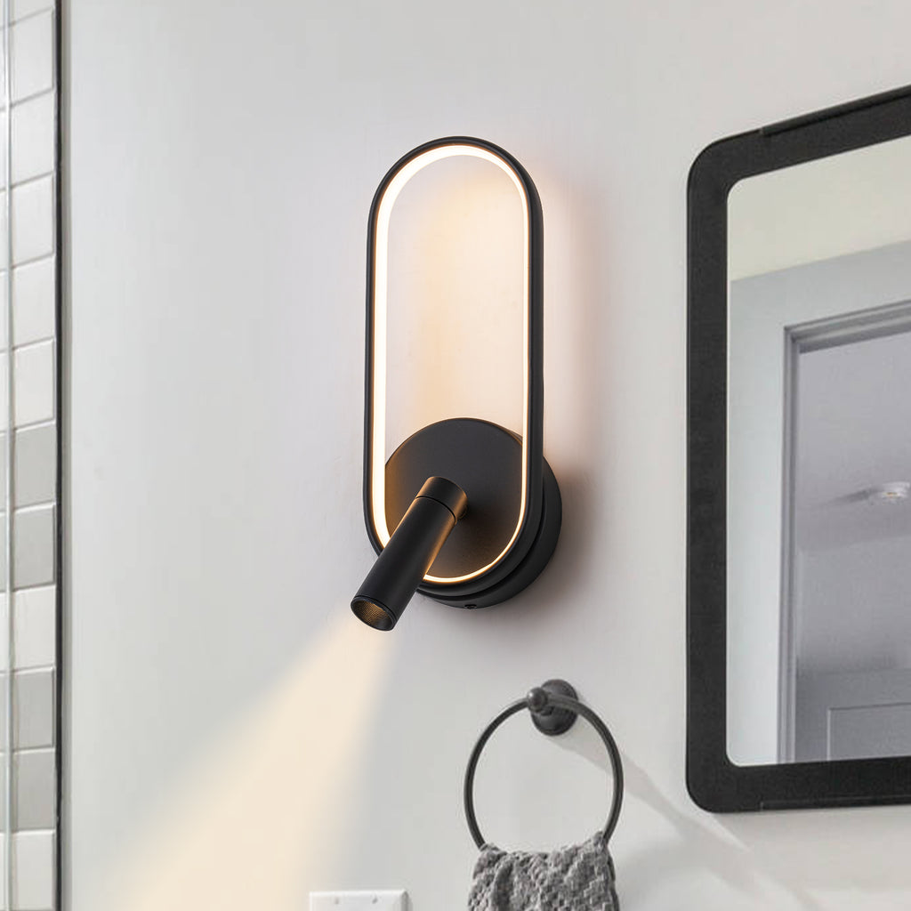 Modern Black LED Wall Sconce Oval Ring & Adjustable Spotlight Dimmable - product image 1 | Zenvolit
