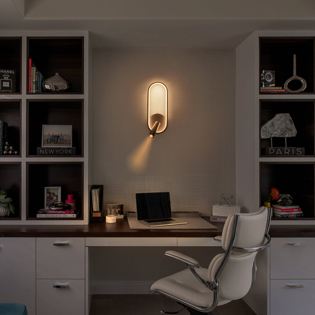 Modern Black LED Wall Sconce Oval Ring & Adjustable Spotlight Dimmable - product image 3 | Zenvolit