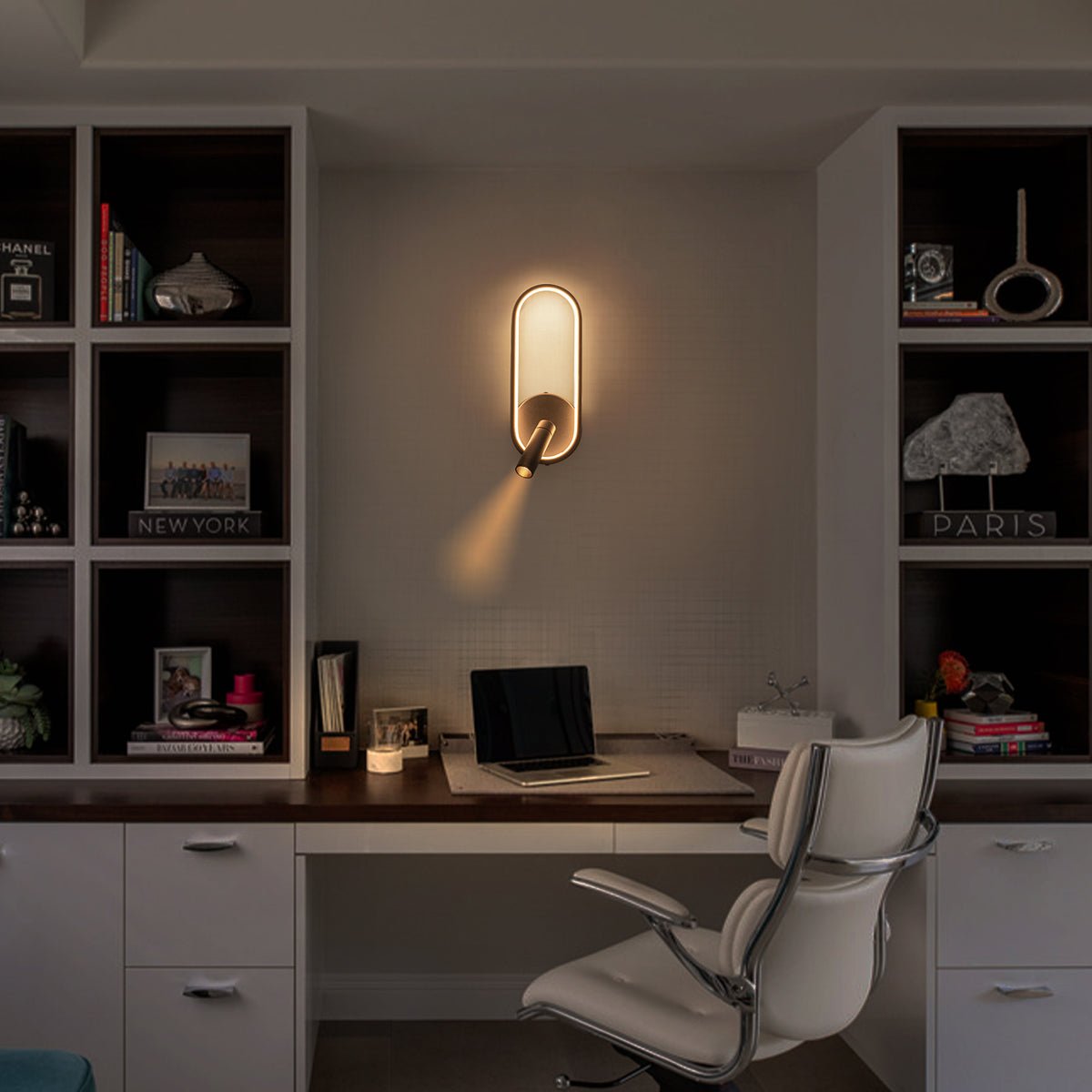 Modern Black LED Wall Sconce Oval Ring & Adjustable Spotlight Dimmable - product image 3 | Zenvolit