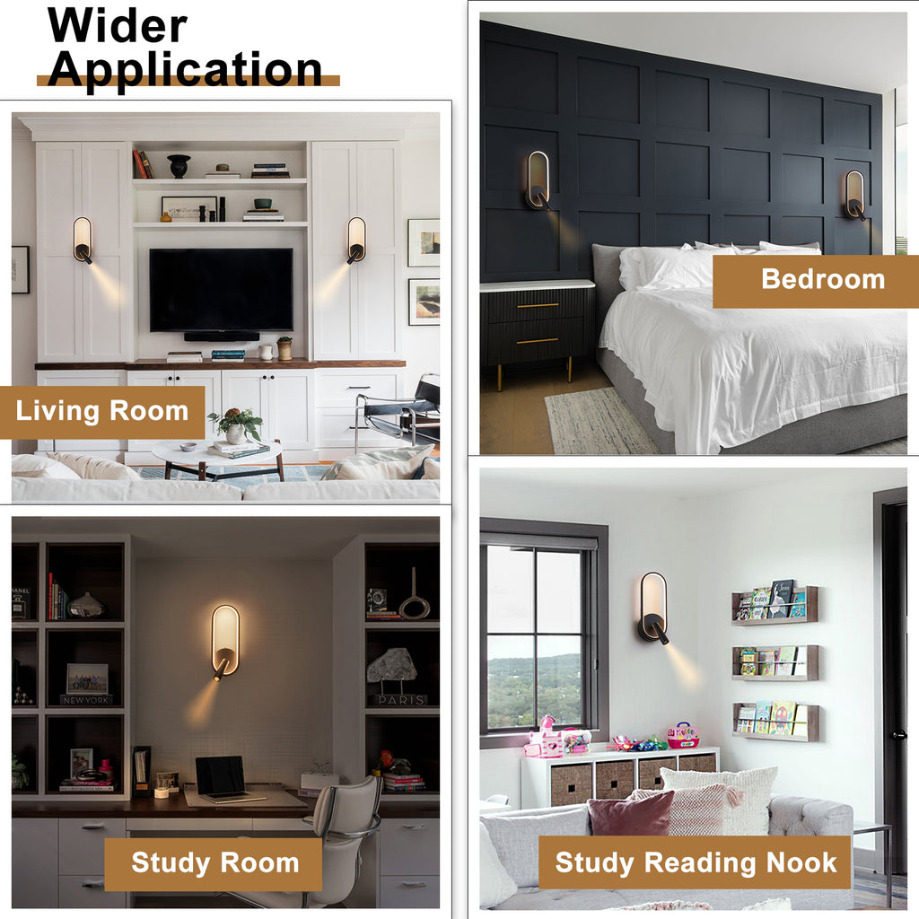 Modern Black LED Wall Sconce Oval Ring & Adjustable Spotlight Dimmable - product image 6 | Zenvolit