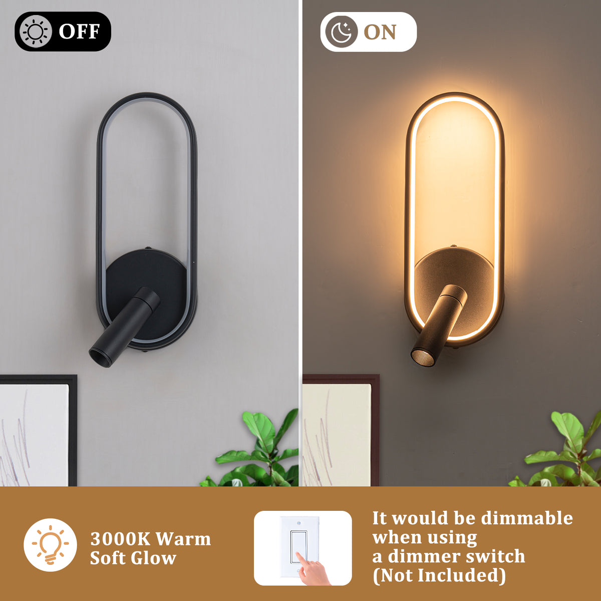 Modern Black LED Wall Sconce Oval Ring & Adjustable Spotlight Dimmable - product image 8 | Zenvolit