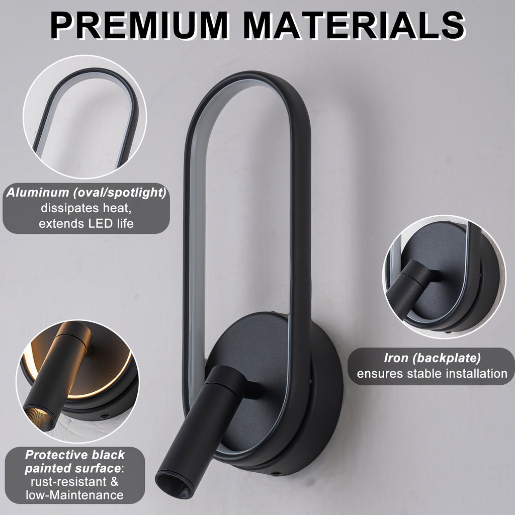 Modern Black LED Wall Sconce Oval Ring & Adjustable Spotlight Dimmable - product image 12 | Zenvolit