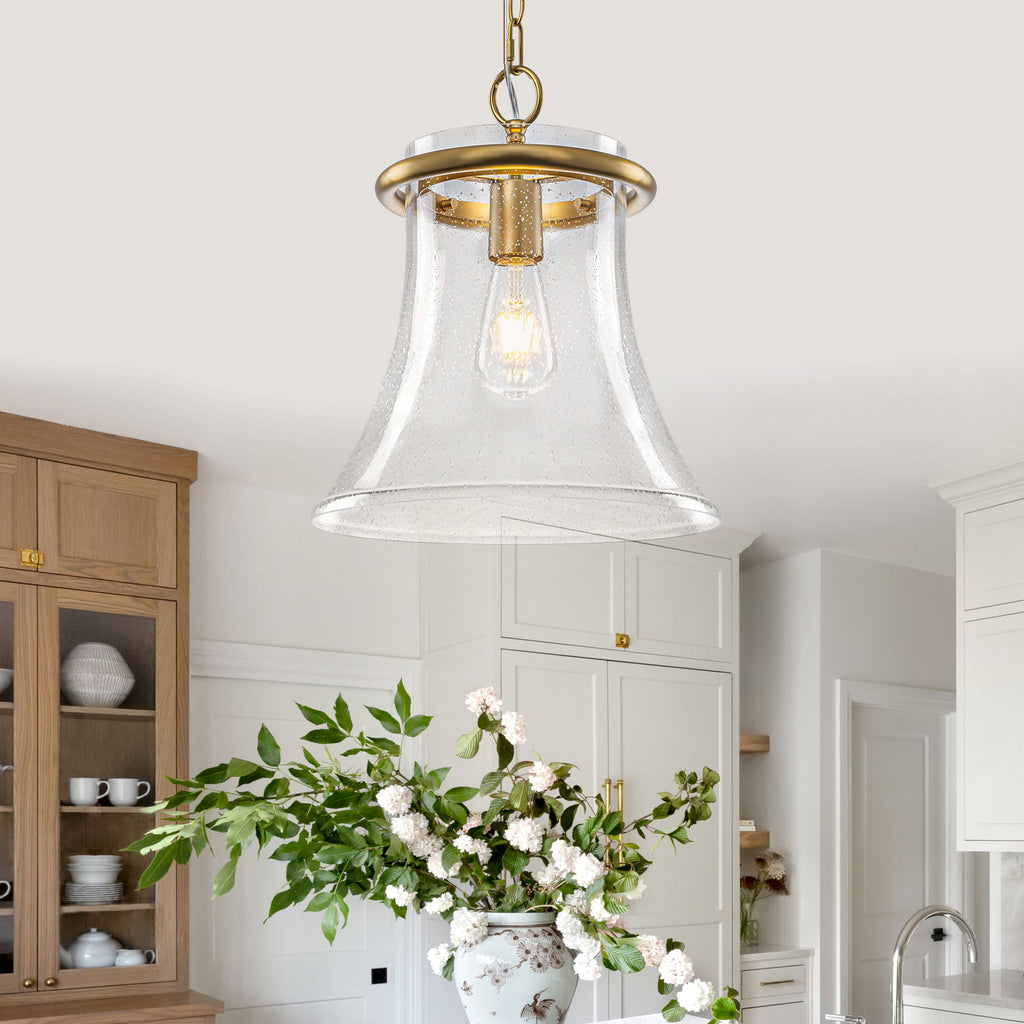 Matte Brass Bell Pendant Light Seeded Glass Shade Dining Room Island - product image 1 | Zenvolit