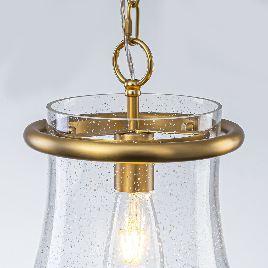 Matte Brass Bell Pendant Light Seeded Glass Shade Dining Room Island - product image 3 | Zenvolit