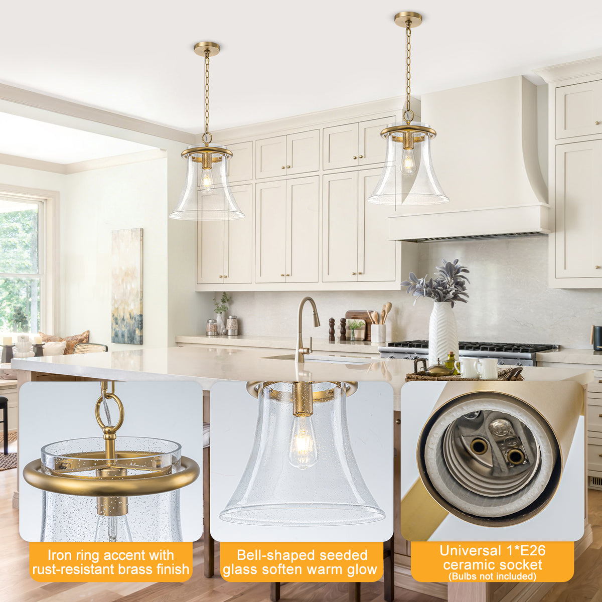 Matte Brass Bell Pendant Light Seeded Glass Shade Dining Room Island - product image 5 | Zenvolit