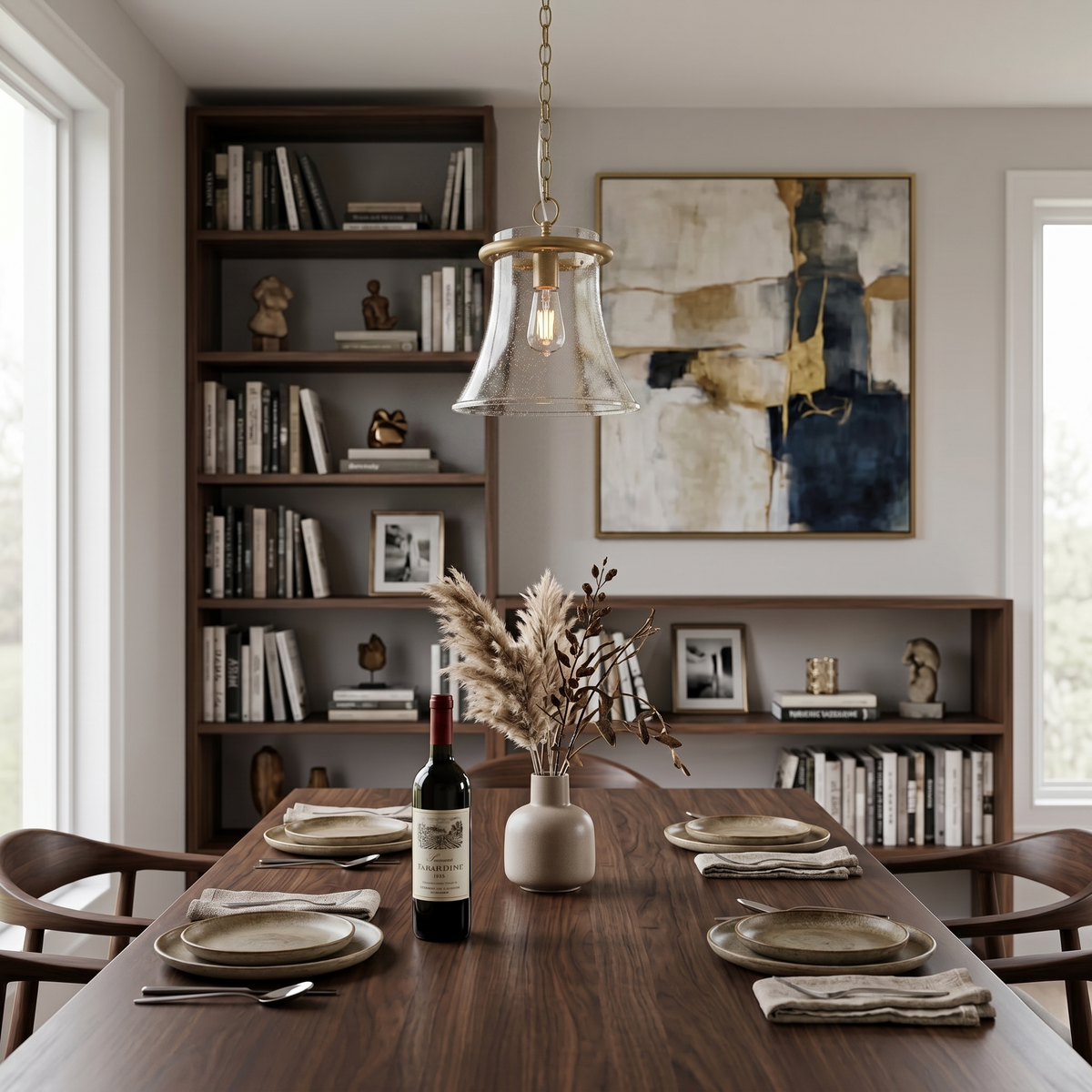 Matte Brass Bell Pendant Light Seeded Glass Shade Dining Room Island - product image 8 | Zenvolit