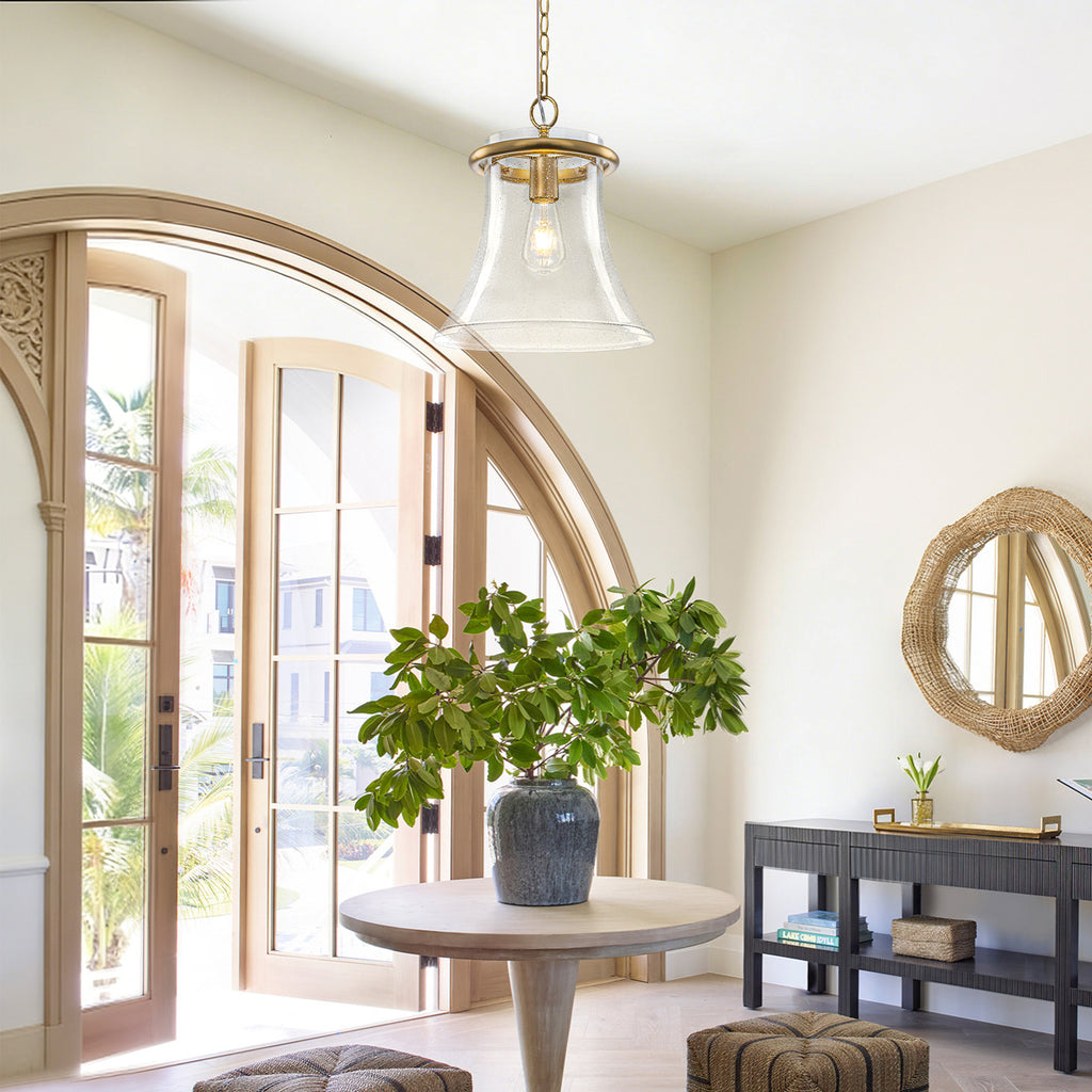 Matte Brass Bell Pendant Light Seeded Glass Shade Dining Room Island - product image 9 | Zenvolit