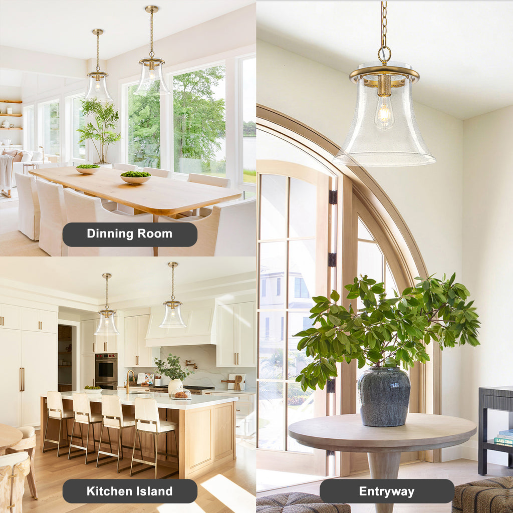 Matte Brass Bell Pendant Light Seeded Glass Shade Dining Room Island - product image 11 | Zenvolit