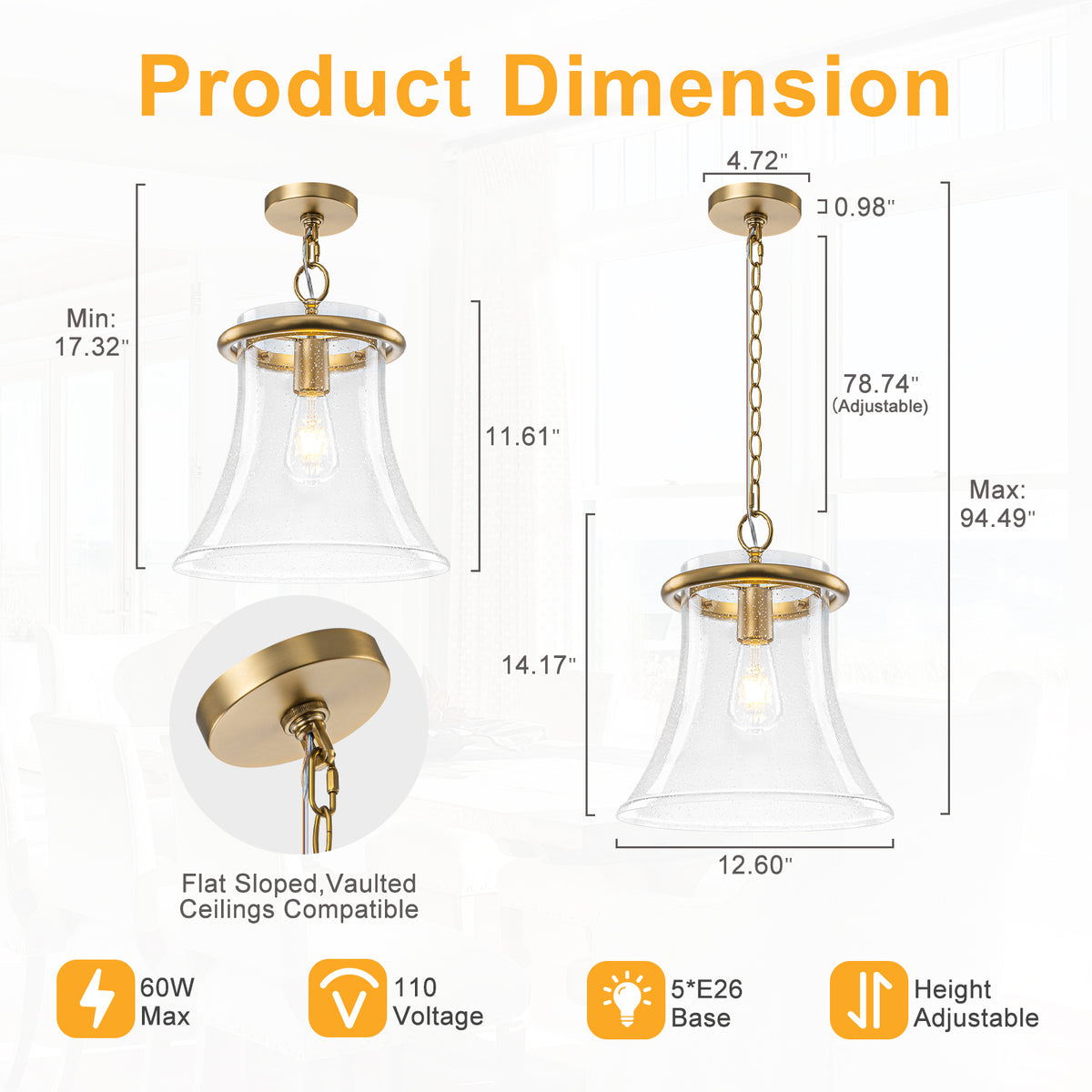 Matte Brass Bell Pendant Light Seeded Glass Shade Dining Room Island - product image 14 | Zenvolit