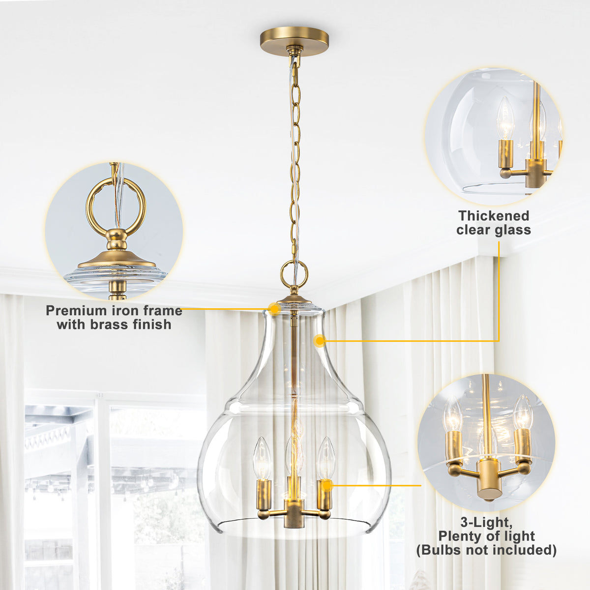 3-Light Pendant Light Clear Glass Shade Dining Island Entryway Foyer
