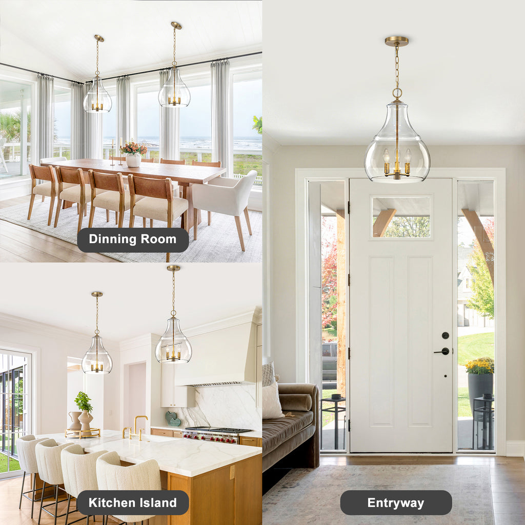 3-Light Pendant Light Clear Glass Shade Dining Island Entryway Foyer