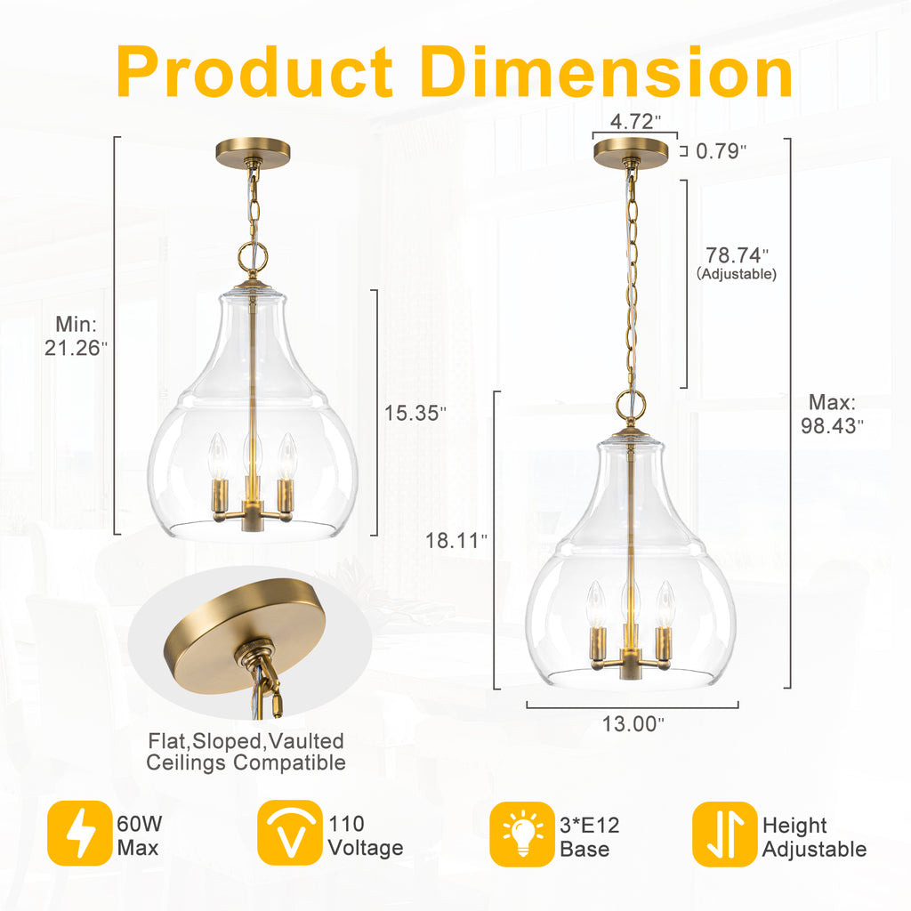 3-Light Pendant Light Clear Glass Shade Dining Island Entryway Foyer
