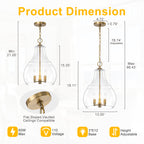 3-Light Pendant Light Clear Glass Shade Dining Island Entryway Foyer