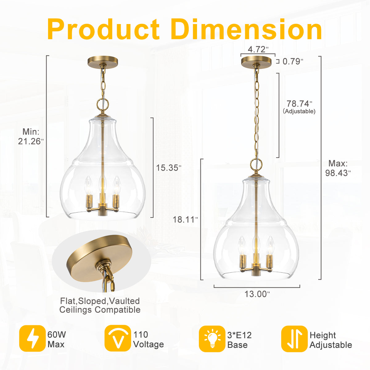 3-Light Pendant Light Clear Glass Shade Dining Island Entryway Foyer