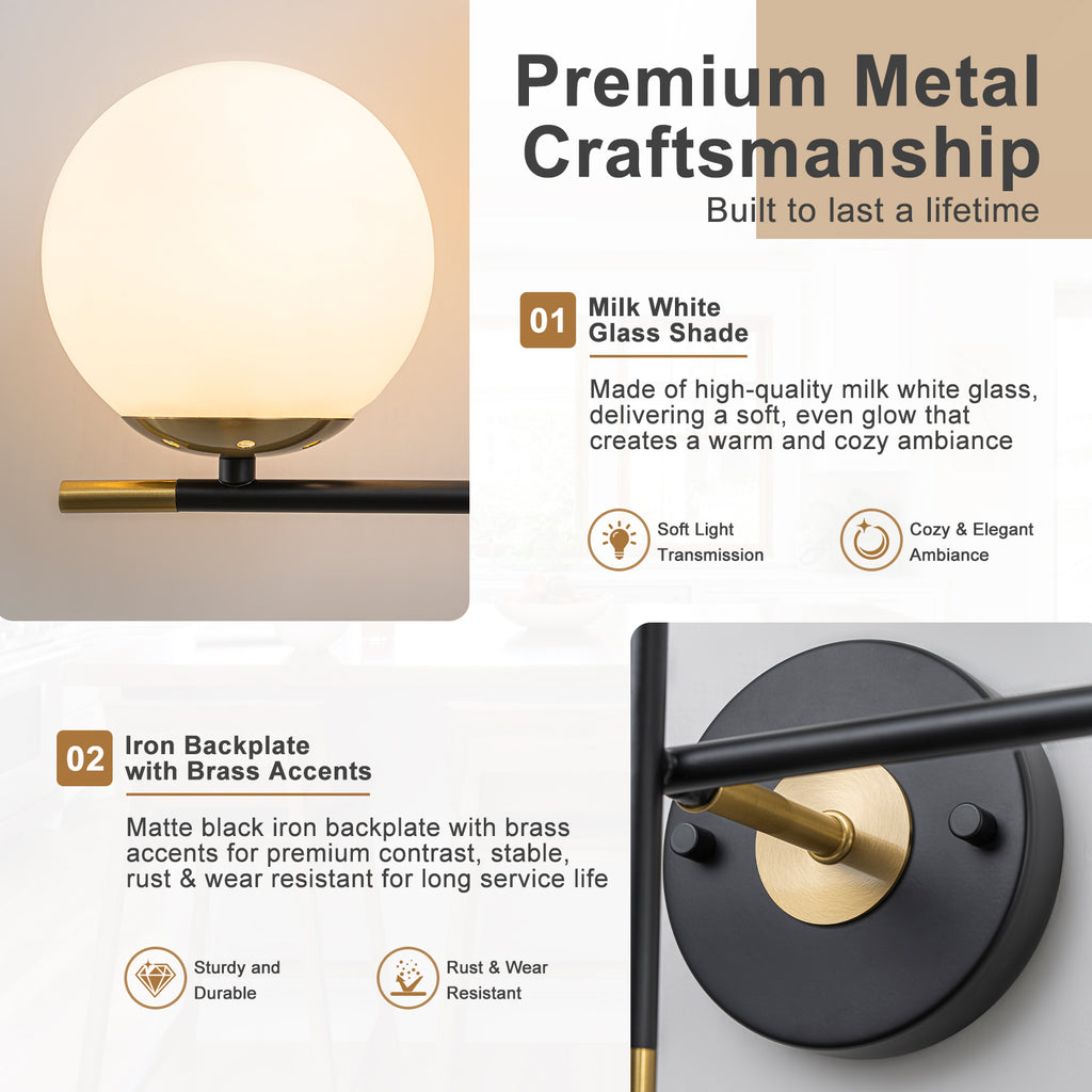 2-Light Wall Sconce White Frosted Glass Globe Bathroom Hallway