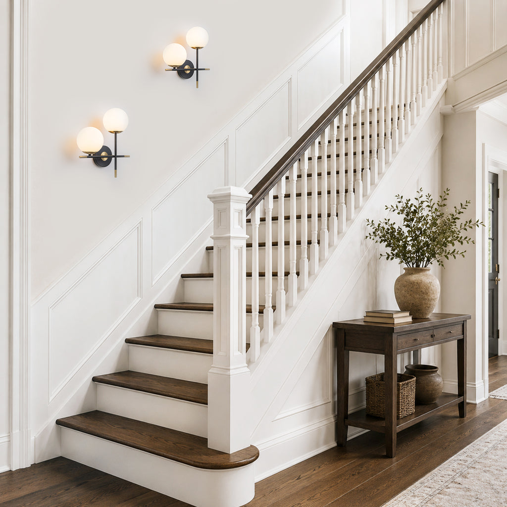 2-Light Wall Sconce White Frosted Glass Globe Bathroom Hallway