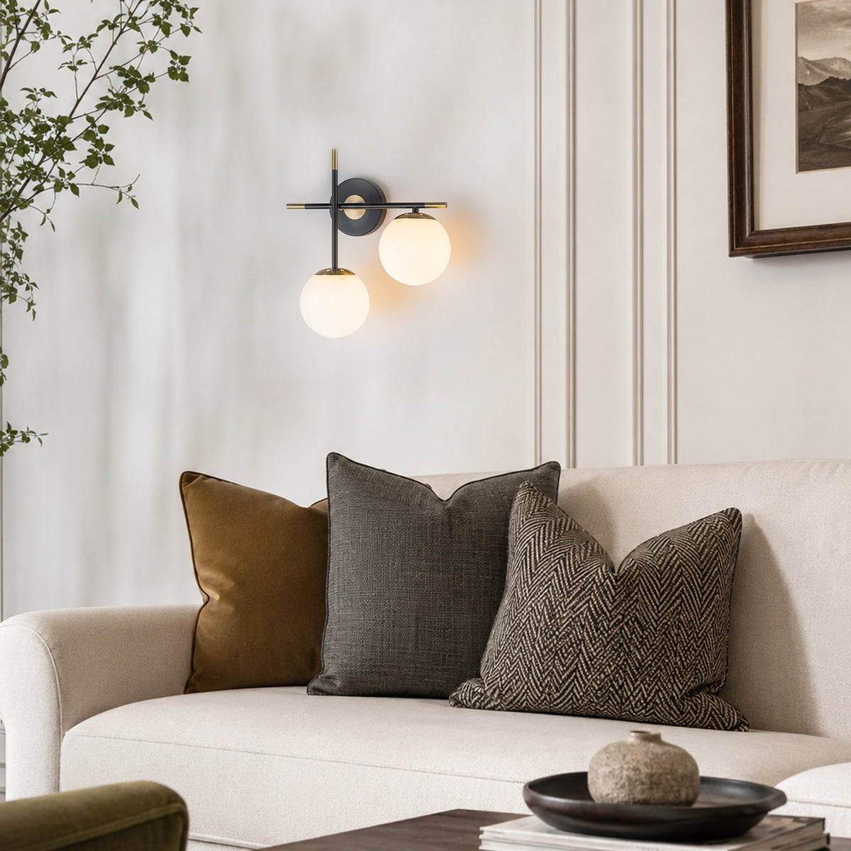 2-Light Wall Sconce White Frosted Glass Globe Bathroom Hallway