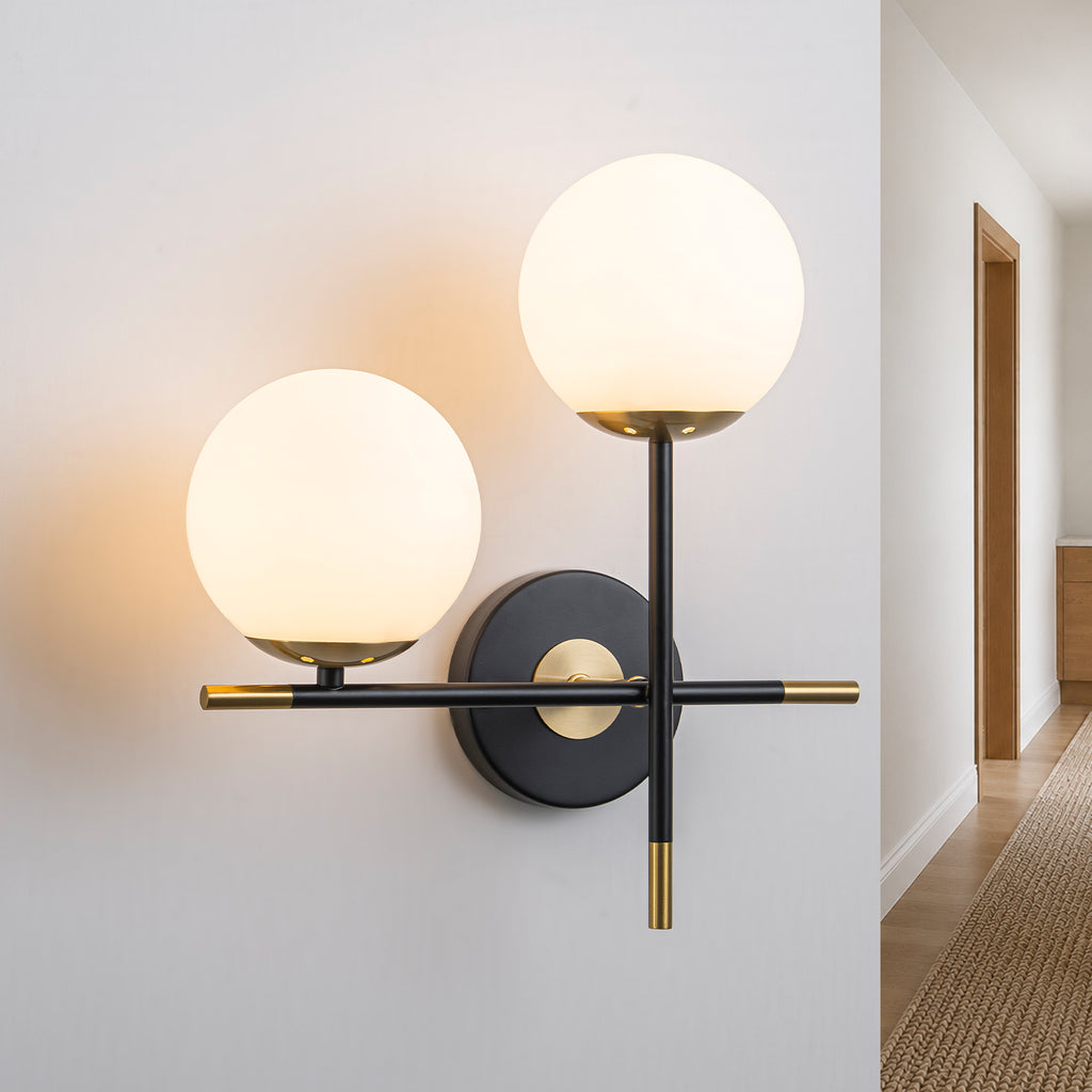 2-Light Wall Sconce White Frosted Glass Globe Bathroom Hallway