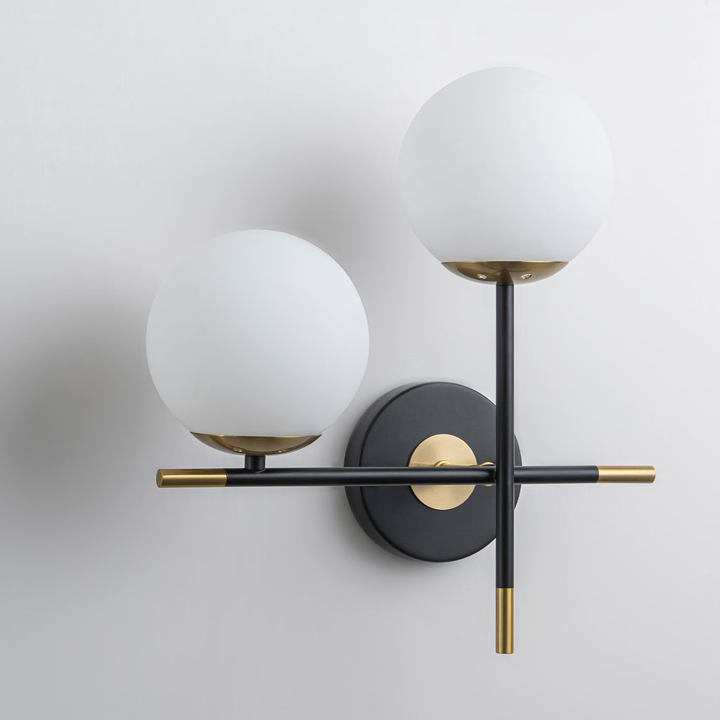 2-Light Wall Sconce White Frosted Glass Globe Bathroom Hallway