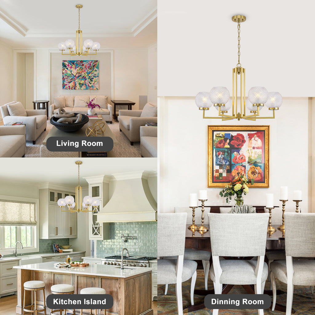 6-Light Modern Hanging Chandelier Textured Glass Globe Shades Dining