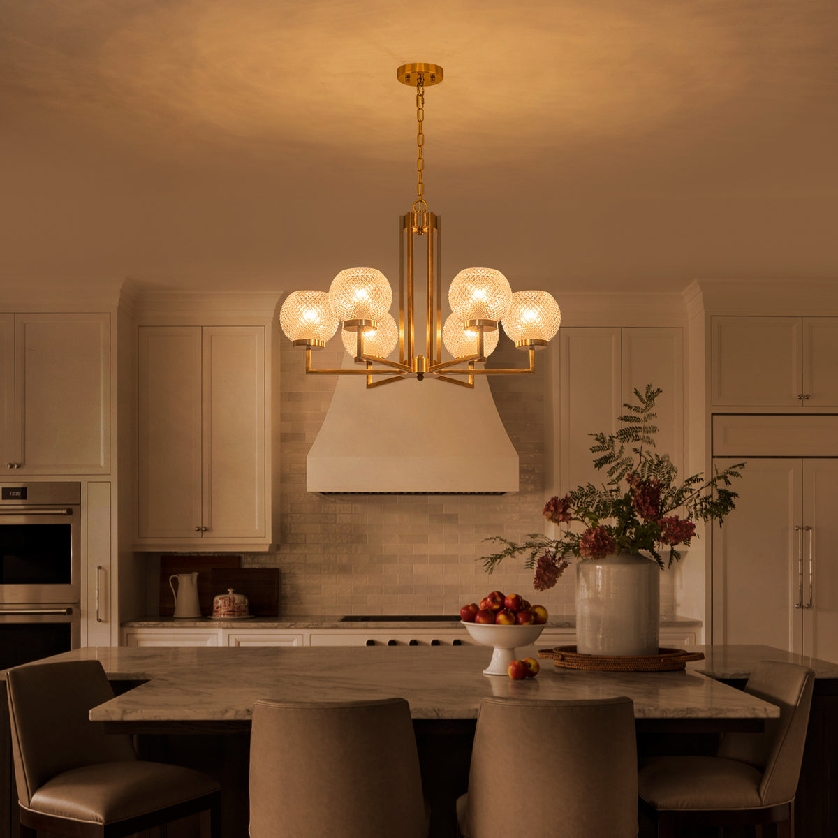 6-Light Modern Hanging Chandelier Textured Glass Globe Shades Dining