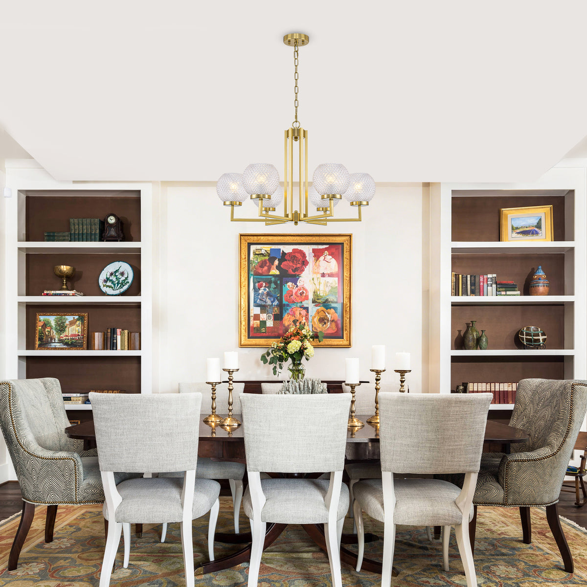 6-Light Modern Hanging Chandelier Textured Glass Globe Shades Dining